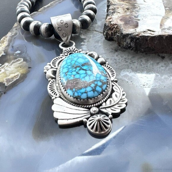 Sterling Southwestern Style Large Egg-shape Kingman Turquoise Pendant For Women - Picture 4 of 10